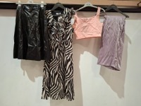 30 X BRAND NEW MIXED WOMENS CLOTHING LOT CONTAINING YARE PANTS IN RED IN SIZE 36 , YARE LONG SKIRT IN BLACK IN SIZE 38 , YARE PANTS IN YELLOW IN SIZE 36 , YARE LONG DRESS IN BLACK AND WHITE IN SIZE 40 ETC IN ONE BOX