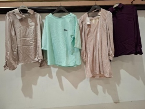 30 X BRAND NEW MIXED WOMENS CLOTHING LOT CONTAINING MODABU TOP IN PURPLE IN SIZE 44 , BOVONA LONG TOP IN SPARKLY PINK IN SIZE 36 , ISRA TOP IN LIGHT BLUE , BONEMA JACKET IN WHITE IN SIZE UK 10 ETC IN ONE BOX