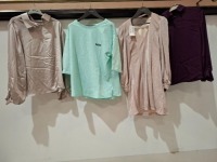 30 X BRAND NEW MIXED WOMENS CLOTHING LOT CONTAINING MODABU TOP IN PURPLE IN SIZE 44 , BOVONA LONG TOP IN SPARKLY PINK IN SIZE 36 , ISRA TOP IN LIGHT BLUE , BONEMA JACKET IN WHITE IN SIZE UK 10 ETC IN ONE BOX