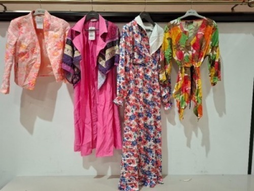 30 X BRAND NEW MIXED ACTUEL WOMENS CLOTHING LOT CONTAINING VARIOUS STYLES AND DESIGNS IE SHORT DRESS IN FLORAL MULTICOLOUR IN SIZE MEDIUM , RED/BLUE AND WHITE FLORAL LONG DRESS IN SIZE XL , LONG JACKET IN PINK/FLORAL IN SIZE 3 , FLORAL JACKET IN WHITE AND