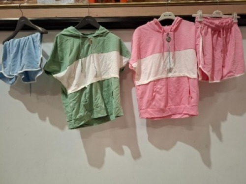 30 X BRAND NEW MIXED NEW FAVOR SHORTS AND HOODIES WOMENS CLOTHING LOT CONTAINING VARIOUS COLOURS IE BEIGE , GREEN PINK BLUE BROWN IN SIZES LARGE MEDIUM , SMALL ETC IN ONE BOX