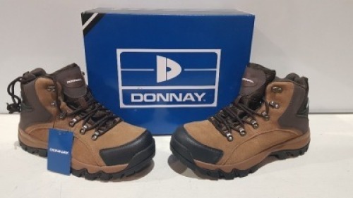 25 X BRAND NEW DONNAY SUEDE SN99 BOOTS IN BROWN/BLACK IN MIXED SIZES 14 IN SIZE 6.5 AND 11 IN SIZE 7 - (PLEASE NOTE - WE HAVE IDENTIFIED SOME MINOR MANUFACTURING IMPERFECTIONS ON EXAMINATION SEE SUPPLEMENT IMAGE AND BID ACCORDINGLY )