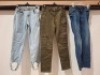 30 X BRAND NEW MIXED WOMENS CLOTHING LOT CONTAINING MINT VELVET JEANS IN DARK GREEN IN SIZE UK 10S , ZARA JEANS IN DARK BLUE IN SIZE 42 , BONOBO DENIM BLUE JEANS IN SIZE 40 ETC IN ONE BOX