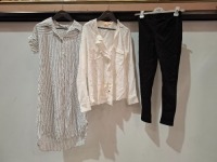 20 X BRAND NEW MIXED WOMENS CLOTHING LOT CONTAINING CAMERALOVE PANTS IN BEIGE IN SIZE SMALL , BIG DART LONG SHIRT IN WHITE WITH BLACK STRIPES IN SIZE 46 , BIBA LONG SLEEVED SHIRT IN WHITE IN SIZE UK 12 , SUFFLE PANTS IN BLACK IN SIZE SMALL ETC IN ONE BOX