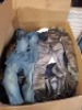 200+ MIXED CLOTHING LOT CONTAINING SILVER/GREY JEANS IN UNKNOWN SIZE , NAVY BLUE SHORTS IN SIZE LARGE , DENIM JEANS IN BLUE IN SIZE 28 , LP HOODIE IN WHITE IN SIZE LARGE , ZARA MAN GREY SHORTS IN SIZE MEDIUM ETC IN A LARGE PALLET BOX (PLEASE NOTE - DETAGG