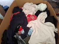 200+ MIXED CLOTHING LOT CONTAINING TRACKSUIT BOTTOMS IN BLACK IN SIZE MEDIUM , MEXX T-SHIRT IN BLACK IN SIZE XXL , CAFFARI LONG TOP IN PINK IN SIZE 36 , FLORAL LONG RED DRESS IN UNKNOWN SIZE ETC ON A FULL PALLET BOX (PLEASE NOTE - DETAGGED AND MARKED/DAM