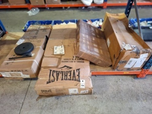 4 X MIXED LOT CONTAINING 1 EVERLAST WEIGHT BENCH WITH 20KG BARBELL SET , 1 HY PRO MULTI GAMES TABLE , 1 EVERLAST HEAVY BAG STAND IN BLACK , 1 EVERLAST PUNCHING BAG 35KG IN 4 BOXES (PLEASE NOTE - CUSTOMER RETURNS)