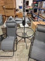 3 X PIECE STUDIO GARDENING DINING SET TO INCLUDE 2 PAIR OF ROYALE LOUNGERS WITH PILLOWS IN BLACK / GREY IN SIZE L 176 , W 64/52 H108/46CM , ONE ROUND GLASS TALBE IN BLACK WITH UMBRELLA IN SIZE H 72 . W 80.