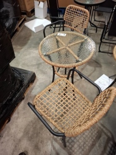 3 X STUDIO TRURO BISTRO OUTDOOR GARDEN SET LOT CONTAINING 1 ROUND GLASS TABLE IN BLACK / BROWN IN SIZE H 73 , W 59 AND TWO MATCHING CHAIRS IN SIZE H 81 , D 57 , W 56