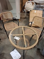 3 X STUDIO TRURO BISTRO OUTDOOR GARDEN SET LOT CONTAINING 1 ROUND GLASS TABLE IN BLACK / BROWN IN SIZE H 73 , W 59 AND TWO MATCHING CHAIRS IN SIZE H 81 , D 57 , W 56 (NOTE IN BOX)