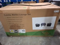 1 X STUDIO OXFORD 6PC PATIO SET TO INCLUDE CHAIRS AND TABLE AND UMBRELLA IN BLACK / GREY IN ONE BOX (PLEASE NOTE CUSTOMER RETURNS / CONDITION UNKNOWN)