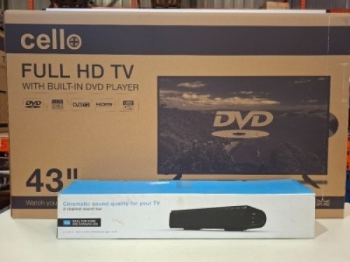 1 X BOXED CELLO 43 INCH FULL HD TV WITH BUILT IN DVD PLAYER - SNCB502400504 - WITH SOUNDBAR (PLEASE NOTE REFURBISHED GRADE A)