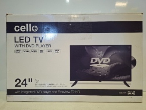 1 X BOXED CELLO 24 INCH LED TV WITH BUILT IN DVD PLAYER - SNCB128G210403 - (PLEASE NOTE REFURBISHED GRADE A))