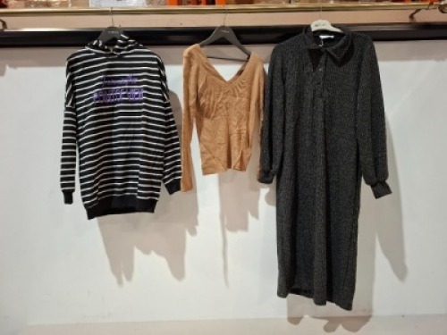 30 X BRAND NEW MIXED WOMENS CLOTHING LOT CONTAINING NEW TREND HOODIE IN WHITE AND GREEN IN SIZE XL , YARE LONG TOP IN BLACK IN SIZE XL , NEW TREND HOODIE IN BLACK AND WHITE IN SIZE SMALL , CAFFARI SHIRT IN PINK IN SIZE 40 ETC IN ONE BOX