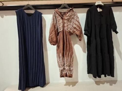 30 X BRAND NEW MIXED ACTUEL WOMENS CLOTHING LOT CONTAINING PINK/FLORAL SHORT TOP IN SIZE SMALL , LONG BLACK DRESS IN SIZE SMALL , LONG BROWN AND WHITE DRESS IN SIZE LARGE , LONG NAVY BLUE DRESS IN SIZE XL ETC IN ONE BOX
