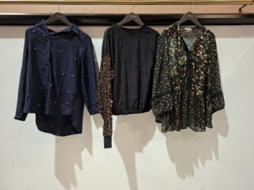 30 X BRAND NEW MIXED WOMENS CLOTHING LOT CONTAINING RESERVED FLORAL SEE THROUGH TOP IN SIZE UK 18 , RED QUEEN TOP IN NAVY BLUE IN SIZE MEDIUM , ZARA TOP IN BLACK/SPARKLY IN SIZE UK 8 , NA-KD SHORT DRESS IN PINK AND WHITE IN SIZE 40
