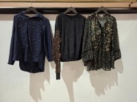 30 X BRAND NEW MIXED WOMENS CLOTHING LOT CONTAINING RESERVED FLORAL SEE THROUGH TOP IN SIZE UK 18 , RED QUEEN TOP IN NAVY BLUE IN SIZE MEDIUM , ZARA TOP IN BLACK/SPARKLY IN SIZE UK 8 , NA-KD SHORT DRESS IN PINK AND WHITE IN SIZE 40