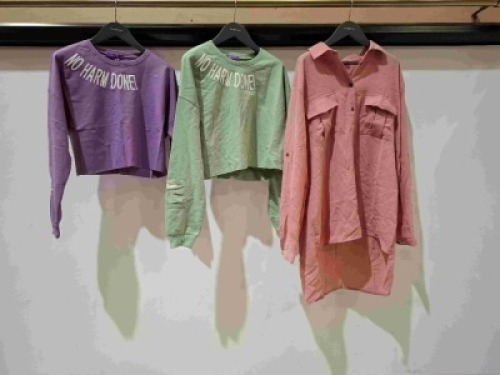 30 X BRAND NEW MIXED NEW WOMENS CLOTHING LOT CONTAINING CAFFARI PINK TOP IN SIZE 44 , NEW TREND SHORT JUMPER IN VARIOUS COLOURS GREEN , PURPLE AND BROWN IN SIZES MEDIUM , LARGE AND SMALL ETC IN ONE BOX
