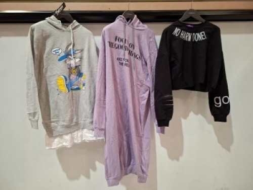 30 X BRAND NEW MIXED WOMENS CLOTHING LOT CONTAINING BDM COLLECTION LONG HOODIE IN PURPLE IN SIZE LARGE , BDM HOODIE IN GREY WITH BUGS BUNNY DESIGN IN SIZE SMALL , NEW TREND SHORT TOP IN BLACK IN SIZE XL , NEW TREND SHORT HOODIE IN PEACH AND BLACK IN SIZE 