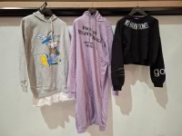 30 X BRAND NEW MIXED WOMENS CLOTHING LOT CONTAINING BDM COLLECTION LONG HOODIE IN PURPLE IN SIZE LARGE , BDM HOODIE IN GREY WITH BUGS BUNNY DESIGN IN SIZE SMALL , NEW TREND SHORT TOP IN BLACK IN SIZE XL , NEW TREND SHORT HOODIE IN PEACH AND BLACK IN SIZE 