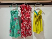 30 X BRAND NEW MIXED WOMENS CLOTHING LOT CONTAINING JOLIE MOI FLORAL RED DRESS IN SIZE UK 14 , TREATRO DRESS IN LIME GREEN AND BLUE IN SIZE MEDIUM , ZARA MAN TRACKSUIT BOTTOMS IN NAVY BLUE IN SIZE LARGE , TREATRO GREEN FLORAL DRESS IN SIZE UK 10 ETC IN O