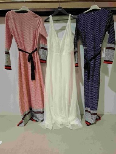 30 X BRAND NEW MIXED WOMENS CLOTHING LOT CONTAINING BODY FLIRT WHITE DRESS IN SIZE EU 44/46 , HEYS COLLECTION LONG DRESS IN PINK AND WHITE IN SIZE EU 38 , OASIS TOP IN FLORAL DESIGN IN SIZE SMALL , HEYS COLLECTION LONG DRESS IN NAVY AND WHITE IN SIZE EU 4