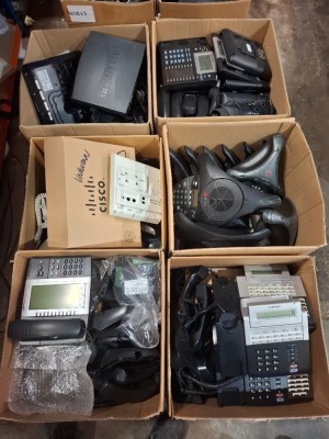 100+ MIXED OFFICE PHONES LOT CONTAINING POLYCOM SOUND STATION , AVAYA CONFERENCE PHONE , BT PHONE WITH CHARGE PHONE , MITEL 5310 IP CONFERENCE UNIT , VARIOUS PHONE CHARGER PORTS IN 12 BOXES