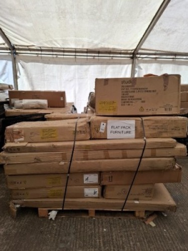 10 X PIECE MIXED FLAT PACK FURNITURE LOT TO INCLUDE 5 PIECE DINING SET , ATLANTA 3 PIECE PACKAGE , 4 PIECE BEDROOM SET GREY ETC ON A FULL PALLET (PLEASE NOTE CUSTOMER RETURNS & SOME MAY ONLY BE PART BOXES)