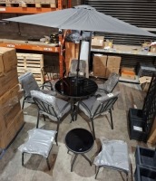 1 X RICHMOND 11 PIECE DINING SET TO INCLUDE 6X CHAIRS - 1 GLASS TOP TABLE - 1 PARASOL , 2 STOOLS AND ONE SMALL TABLE - SIZE - HEIGHT 110 X 71 X 54CM (PLEASE NOTE CUSTOMER RETURNS)