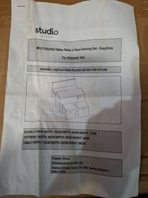 1 X BOXED STUDIO DALLAS RATAN 4 PIECE DINING SET IN GREY (PLEASE NOTE CUSTOMER RETURNS BOX DAMAGED)