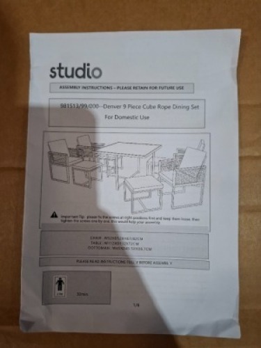 1 X BOXED STUDIO DENVER 9 PIECE ROPE STYLE DINNING SET TO INCLUDE 4X CHAIRS - 4X STOOLS 1X TABLE IN GREY (PLEASE NOTE CUSTOMER RETURNS BOX DAMAGED)