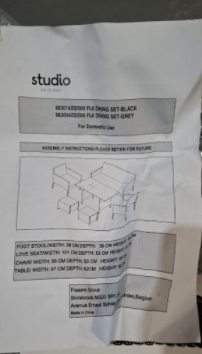 1 X BOXED STUDIO FIJI 6 PIECE DINING SET IN BLACK AND GREY (PLEASE NOTE CUSTOMER RETURNS BOX DAMAGED)