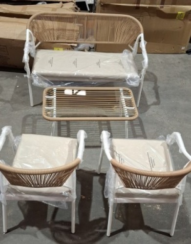 1 X BOXED MIAMI 4 PIECE CONVERSATION GARDEN SET - TABLE - W 88 X D 48 X H 40 CM LOVE SEAT - W125 X D63 X H 78 CM CHAIR -W60 X D 63 X H 78 CM