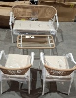 1 X BOXED MIAMI 4 PIECE CONVERSATION GARDEN SET - TABLE - W 88 X D 48 X H 40 CM LOVE SEAT - W125 X D63 X H 78 CM CHAIR -W60 X D 63 X H 78 CM