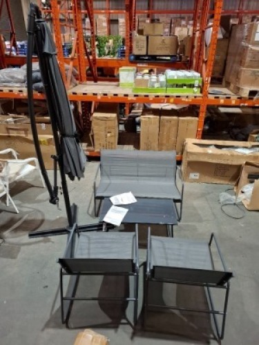 1 X BOXED STUDIO HAVANA SLING 4 PIECE LOUNGE SET IN GREY WITH 1 X SARDINA 3M CANTILEVER PARASOL IN GREY (PLEASE NOTE CUSTOMER RETURNS)