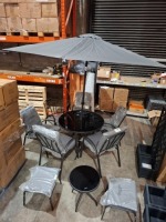 1 X BRAND NEW RICHMOND 11 PIECE DINING SET TO INCLUDE 6X CHAIRS - 1 GLASS TOP TABLE - 1 PARASOL , 2 STOOLS AND ONE SMALL TABLE - SIZE - HEIGHT 110 X 71 X 54CM (PLEASE NOTE CUSTOMER RETURNS)
