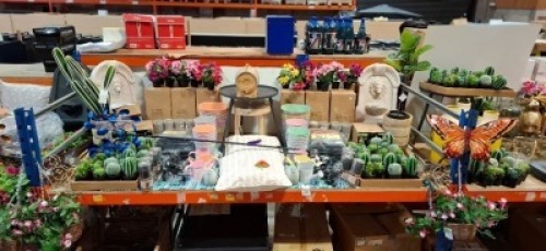 50 X PIECE MIXED PREMIER SUMMER DECORATIONS LOT TO INCLUDE VARIOUS ARTIFICIAL FLOWERS - VARIOUS CACTI - LED BULBS - WATERING CAN - CUSHIONS - WOODEN TABLE - HANGING BASKET - BIRD ORNAMANT - BUTTERFLYS ETC ON FULL BAY