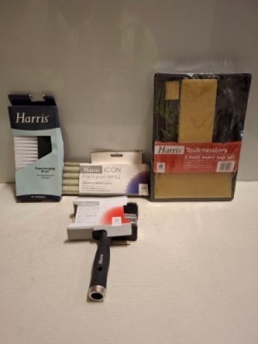 21 X MIXED LOT CONTAINING HARRIS TASKMASTERS 5 PART PAINT PAD SET , HARRIS ICON MASONRY BRUSH 5 INCH 125MM , HARRIS PAINT PAD REFILL IN SIZE 225MM X 85MM , HARRIS PAPERHANGING BRUSH ON A SHELF