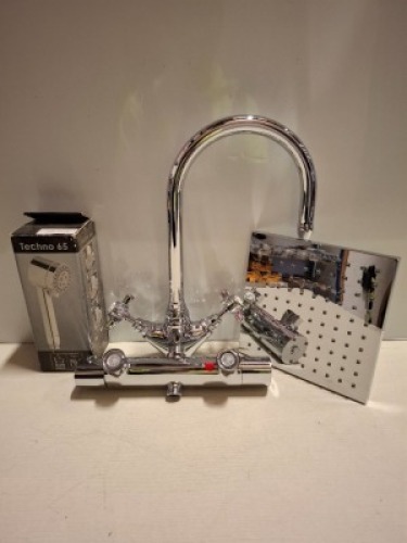 8 X MIXED BATHROOM LOT CONTAINING THERMASTATIC VALVES , SHOWER HEADS AND TAPS ON A FULL SHELF