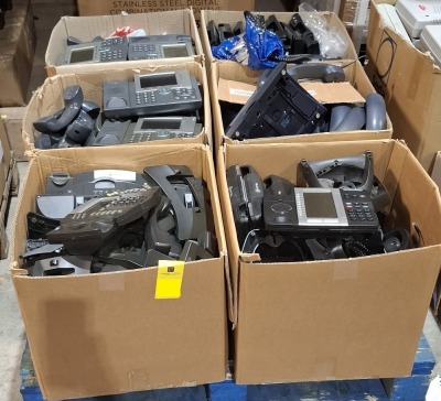 100+ MIXED OFFICE PHONE LOT CONTAINING CISCO , POLYCOM , MITEL 5330 IP PHONE , SIEMENS, ERICSSON , BT FEATURELINE ETC IN 12 BOXES