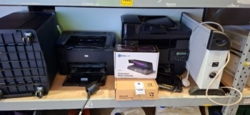 6 X MIXED OFFICE EQUIPMENT LOT CONTAINING 1 SAFE SCAN COUNTERFEIT MONEY DETECTOR , HP PRINTER AND SCANNERS , ATIVA SHREDDER ,HYCO ELECTRIC HEATER , LCD SIGNATURE PAD STUD - 540 ON HALF A SHELF
