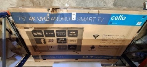 1 X CELLO 75 INCH 4K UHD ANDROID SMART TV (NOTE SCREEN NOT WORKING SPARE AND REPAIRS )