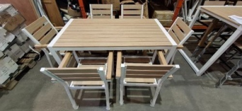 1 X SANTORINI 7 PIECE ALUMINUM DINING SET IN WHITE / WOOD CONTAINING 6 CHAIRS IN SIZE H 87 X D 60 X W 57 CM AND ONE TABLE IN SIZE H 76 X D 156 X W81 (NOTE CUSTOMER RETURNS UNDELIVERED GOODS)