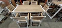 1 X SANTORINI 7 PIECE ALUMINUM DINING SET IN WHITE / WOOD CONTAINING 6 CHAIRS IN SIZE H 87 X D 60 X W 57 CM AND ONE TABLE IN SIZE H 76 X D 156 X W81 (NOTE CUSTOMER RETURNS UNDELIVERED GOODS)