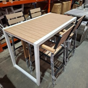 1 X SANTORINI 5 PIECE ALUMINIUM BAR SET IN WHITE / BLACK / WOOD CONTAINING 4 CHAIRS IN SIZE H 112 X D 58 X W 57 CM AND ONE TABLE IN SIZE H 98 X D 151 X W 80 CM (NOTE CUSTOMER RETURNS UNDELIVERED GOODS)