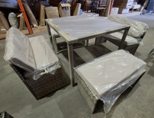 1 X RATTAN GARDEN FURNITURE LOT CONTAINING IN GREY 1 GLASS TOP TABLE IN SIZE H 32 X W 39 X D 39 AND 2 SEATER CHAIRS IN SIZE H 27 X L 90 X D 17 CM AND 2 STOOLS IN SIZE H 19 X L 80 X D 16 (NOTE CUSTOMER RETURNS UNDELIVERED GOODS)