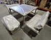 1 X RATTAN GARDEN FURNITURE LOT CONTAINING IN GREY 1 GLASS TOP TABLE IN SIZE H 32 X W 39 X D 39 AND 2 SEATER CHAIRS IN SIZE H 27 X L 90 X D 17 CM AND 2 STOOLS IN SIZE H 19 X L 80 X D 16 (NOTE CUSTOMER RETURNS UNDELIVERED GOODS) - 2