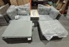 1 X STUDIO BAHAMAS 5 PIECE SOFA LOUNGE SET IN GREY / BLACK LOT CONTAINNG 2 CORNER CHAIRS IN SIZE H 62 X L 80 X D 70CM AND 2 FOOT STOOLS IN SIZE H 39 X L 72 X D 61CM AND ONE DRINKS GLASS TOP TABLE IN SIZE H 51 X L 66 X D 33CM (NOTE CUSTOMER RETURNS UNDEL