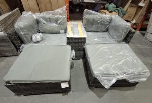 1 X STUDIO BAHAMAS 5 PIECE SOFA LOUNGE SET IN GREY / BLACK LOT CONTAINNG 2 CORNER CHAIRS IN SIZE H 62 X L 80 X D 70CM AND 2 FOOT STOOLS IN SIZE H 39 X L 72 X D 61CM AND ONE DRINKS GLASS TOP TABLE IN SIZE H 51 X L 66 X D 33CM (NOTE CUSTOMER RETURNS UNDEL