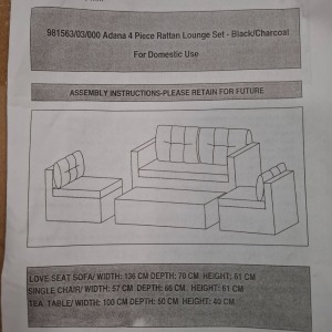 1 X STUDIO ADANA 4 PIECE RATTAN LOUNGE SET IN BLACK / CHARCOAL LOT CONTAINING LOVE SEAT SOFA IN SIZE W 136 X D 70 X H 61 AND SINGLE CHAIRS IN SIZE W 57 X D 66 X H 61 AND TEA TABLE IN SIZE W 100 X D 50 X H 40 IN ONE BOX (NOTE CUSTOMER RETURNS UNDELIVERED G